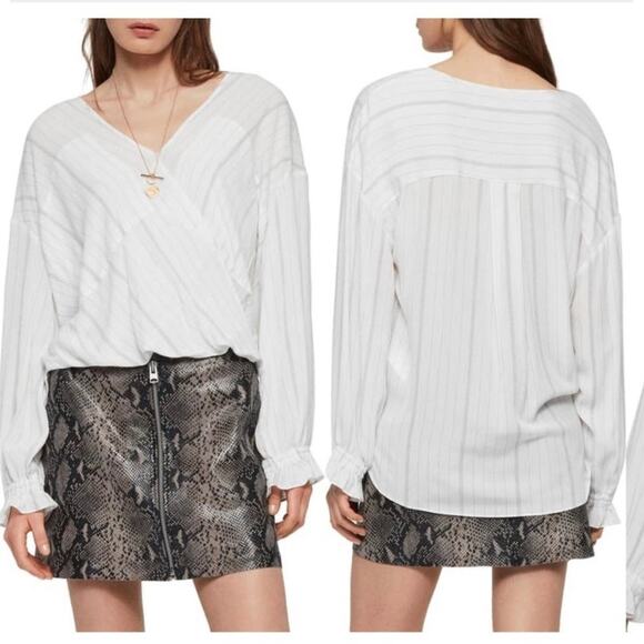 AllSaints Penny Striped Cross Over Top Womens Size XS White Gray Faux Wrap - Picture 5 of 14